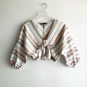 Zara Womens Size Small Striped Cropped V Neck Top Tie 3/4 Sleeve Blouse Spring